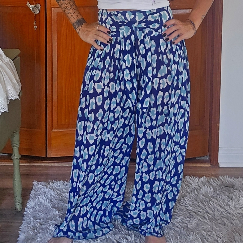 Free People Blue and White Patterned Wide Leg Pants
